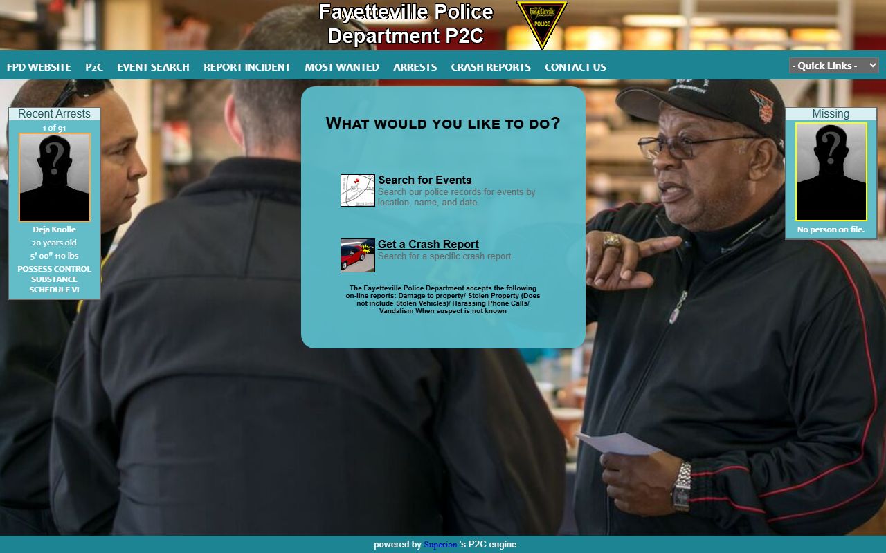 Fayetteville Police P2C portal for white pages and public records searches