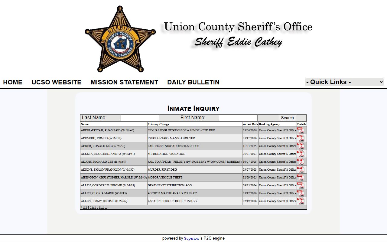 Union County inmate inquiry white pages public records